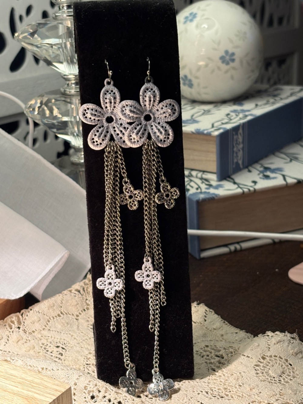 Delicate White Floral Drop Earrings with Silver Chains